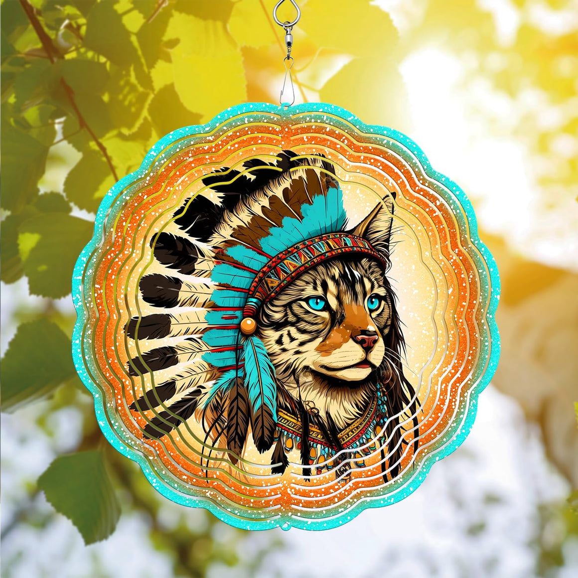 Native American Cat Wind Spinner Hanging for Yard and Garden